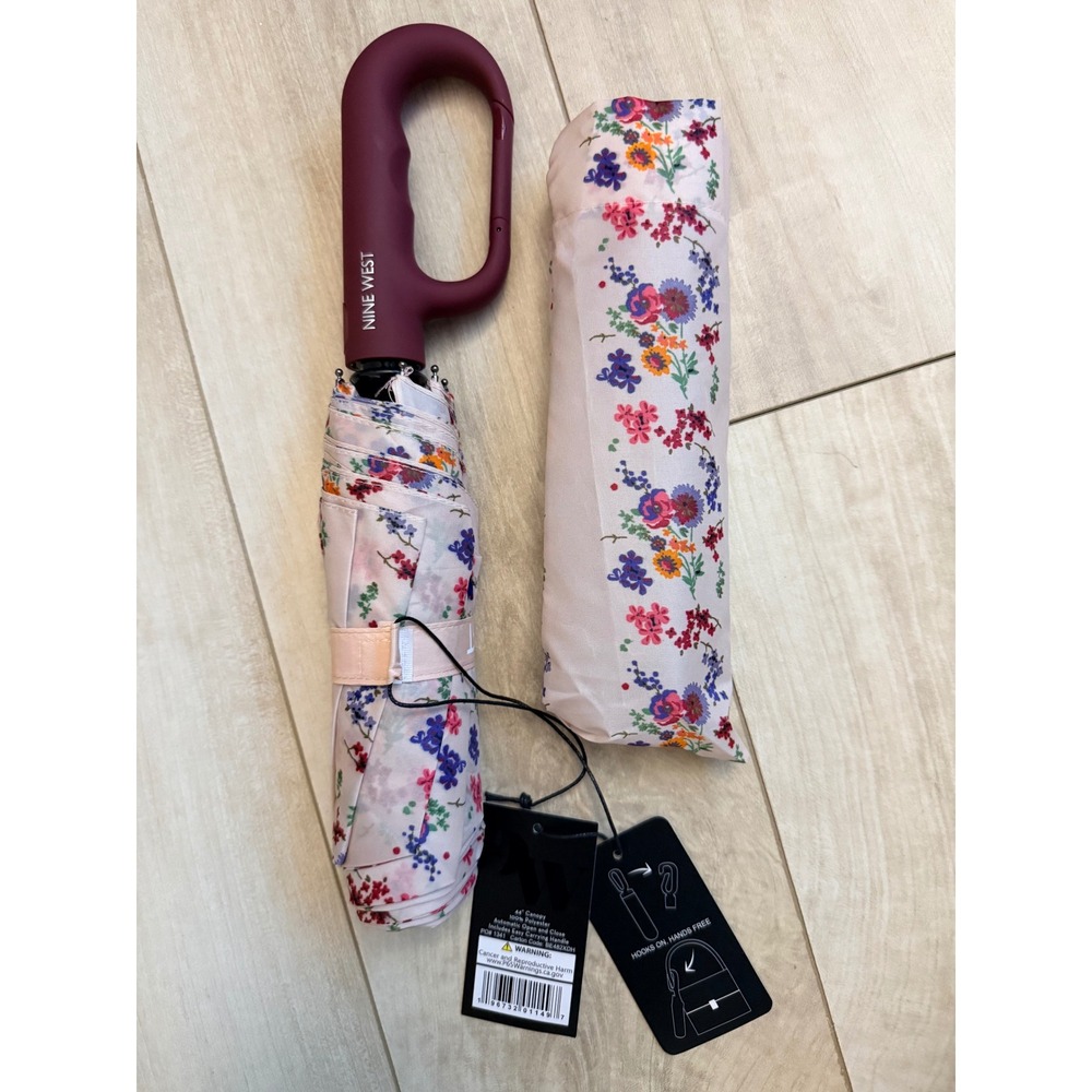 Nine West Carabiner Handle Umbrella Compact 44in Canopy Floral Pink Burgundy NWT - Picture 8 of 11